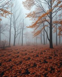 Immerse yourself in a cozy and earthy autumn scene featuring low visibility and thick fog, showcasing a repetitive Escher-sty