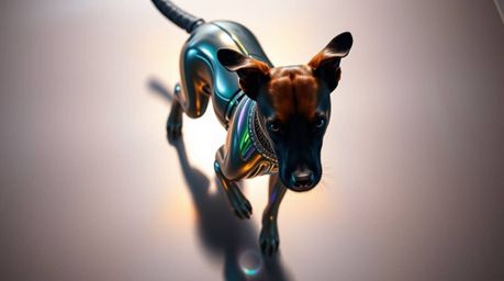 Imagine a futuristic dog autonomously strolling through the vast expanse of space, bathed in iridescent colors and reflection