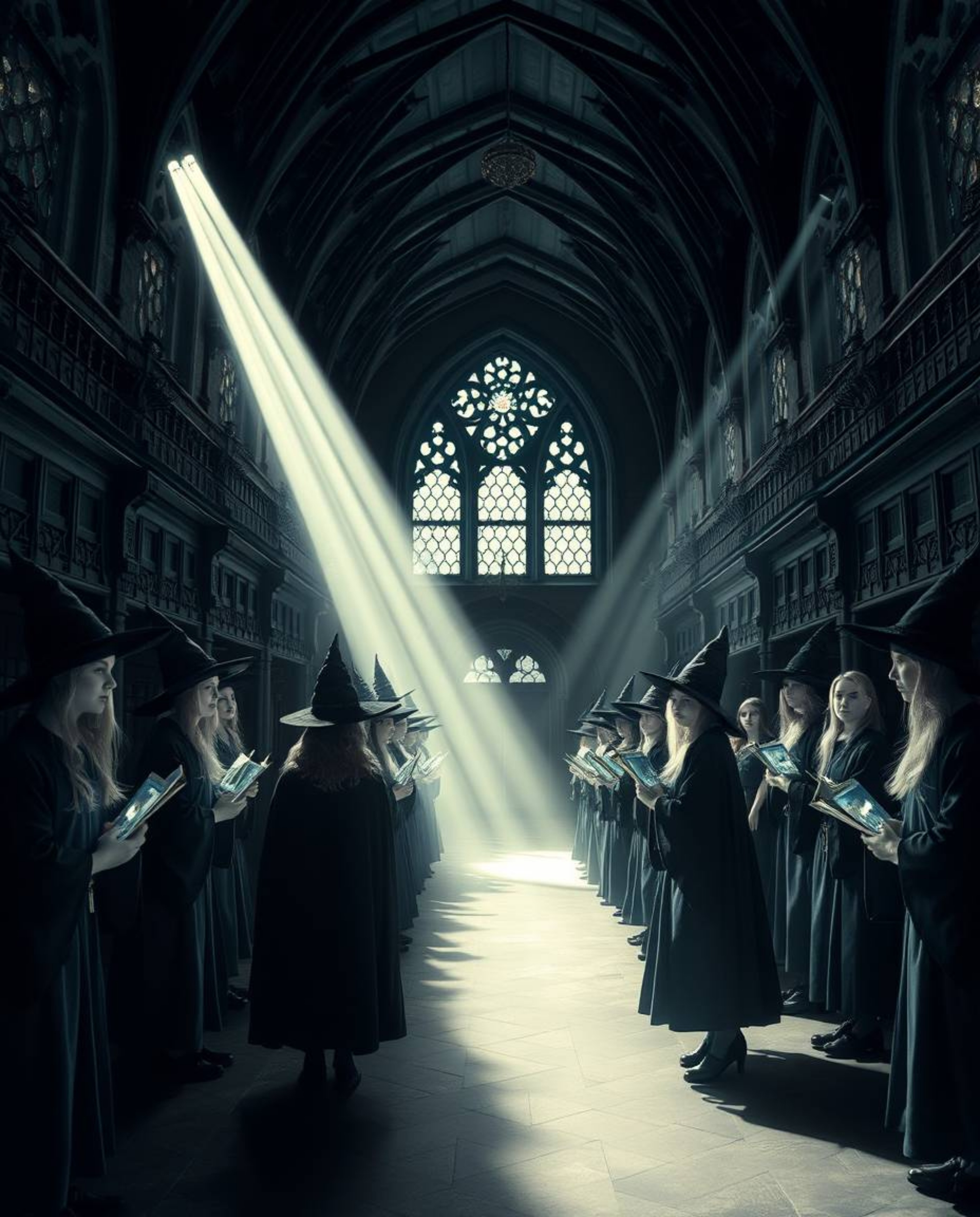Discover a captivating image of a magical school brimming with young wizards.  The high-contrast lighting creates a graceful 
