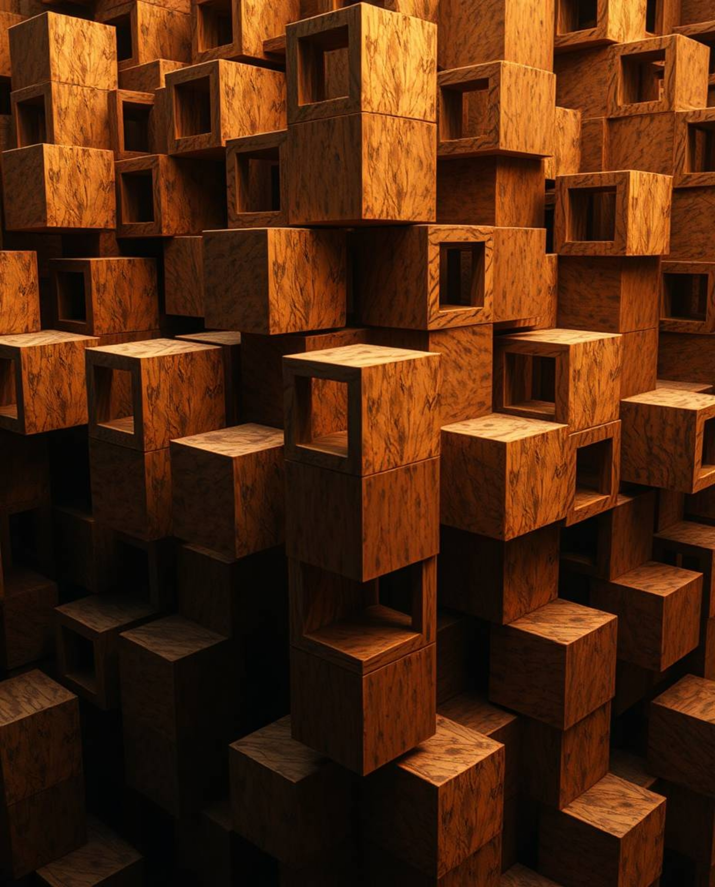 A captivating image showcases repetitive cube patterns in the style of M.C. Escher's impossible geometries.  Warm autumnal hu