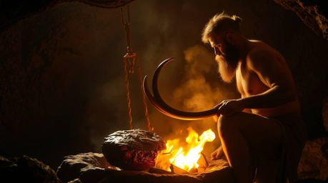 Imagine a scene from prehistoric times: a caveman skillfully preparing mammoth meat under a warm, golden glow. The strong, di