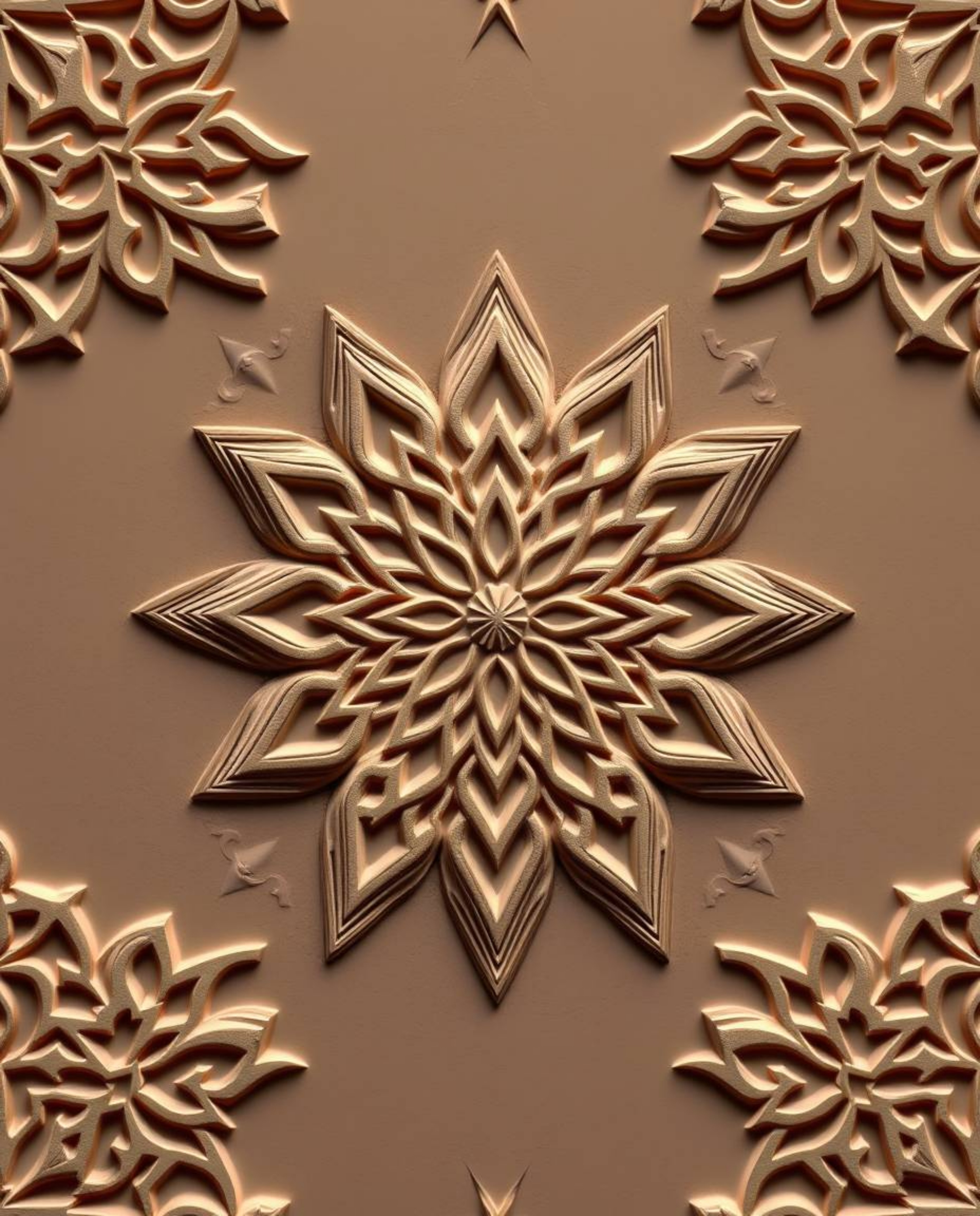 This logo design features smooth gradient Islamic geometric patterns meticulously carved in stone, ensuring intricate details