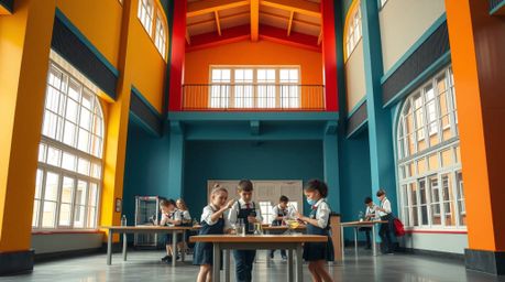 A captivating wide-angle architectural photograph showcases a group of quirky children in school uniforms conducting science 