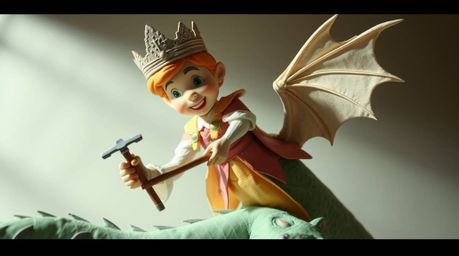 A captivating papier-mâché sculpture depicting a charming prince battling a dragon, rendered in the style of 1950s animation.