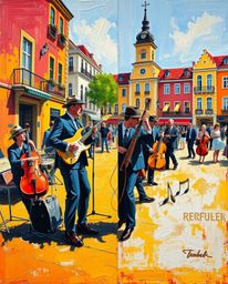 This bold acrylic painting captures the energy of a musical number taking place in a bright town square. The distinct split c