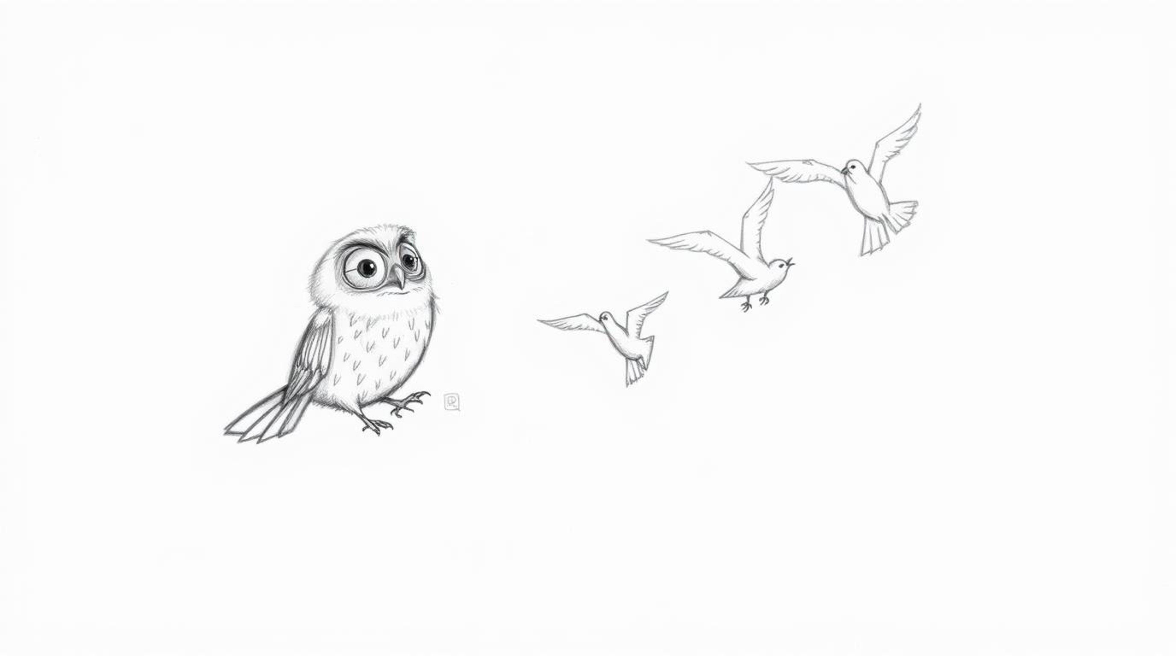 A whimsical, hand-drawn pencil sketch in the style of Pixar depicts a wise, blind owl with soft, feathery textures guiding a 