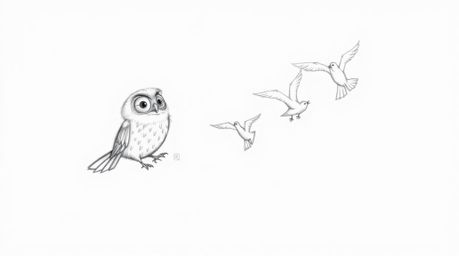 A whimsical, hand-drawn pencil sketch in the style of Pixar depicts a wise, blind owl with soft, feathery textures guiding a 