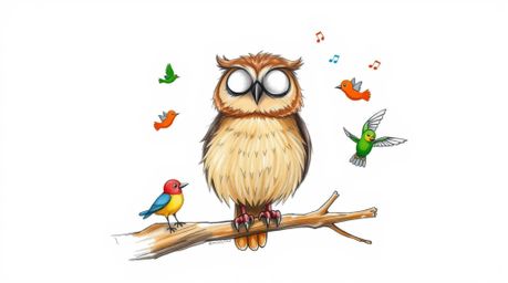 A heartwarming hand-drawn sketch in the style of Pixar depicts a blind, fluffy brown owl perched on a branch.  This wise owl 
