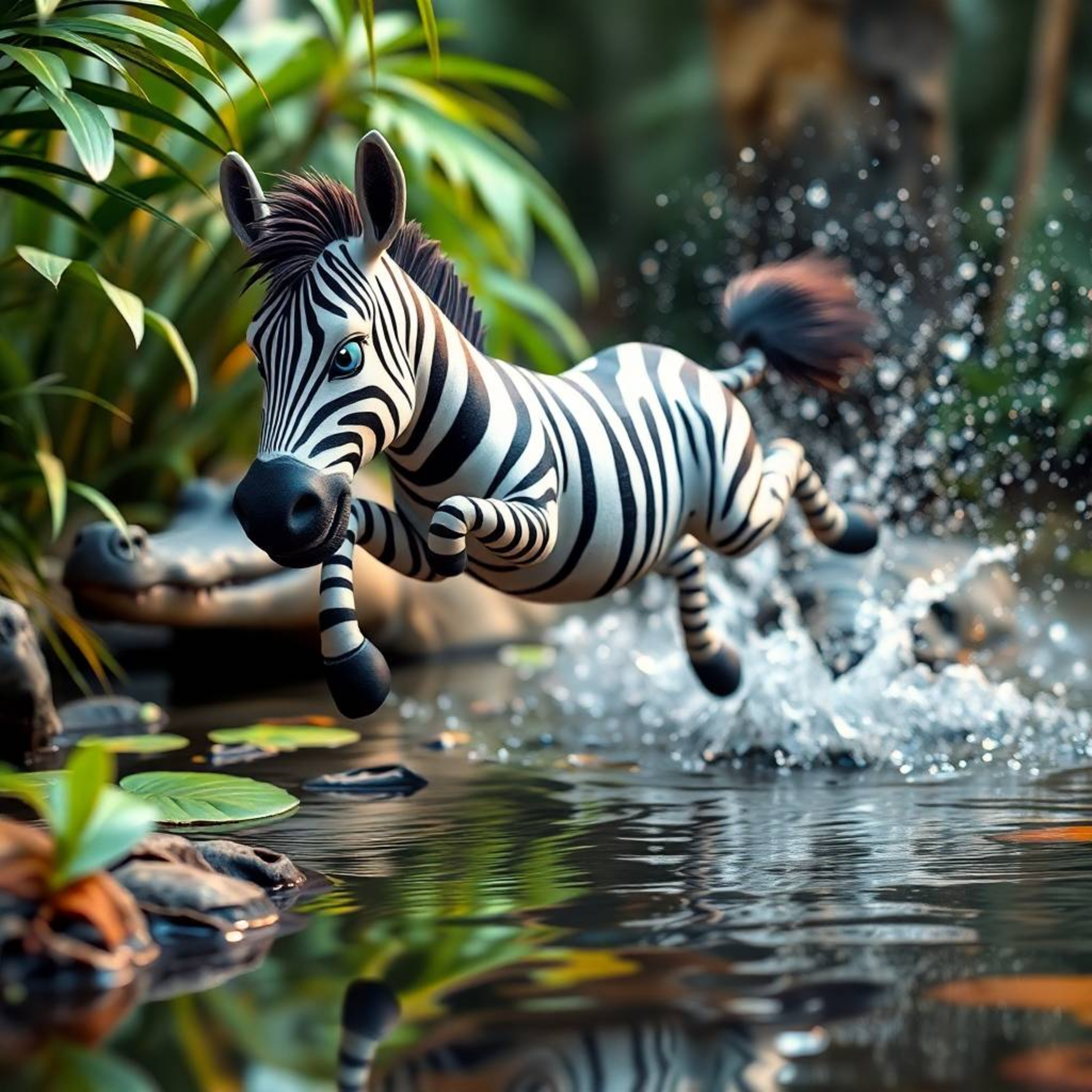 A tight close-up shot captures a vibrant 3D cartoon zebra leaping from a lush jungle riverbank, with a crocodile playfully sp