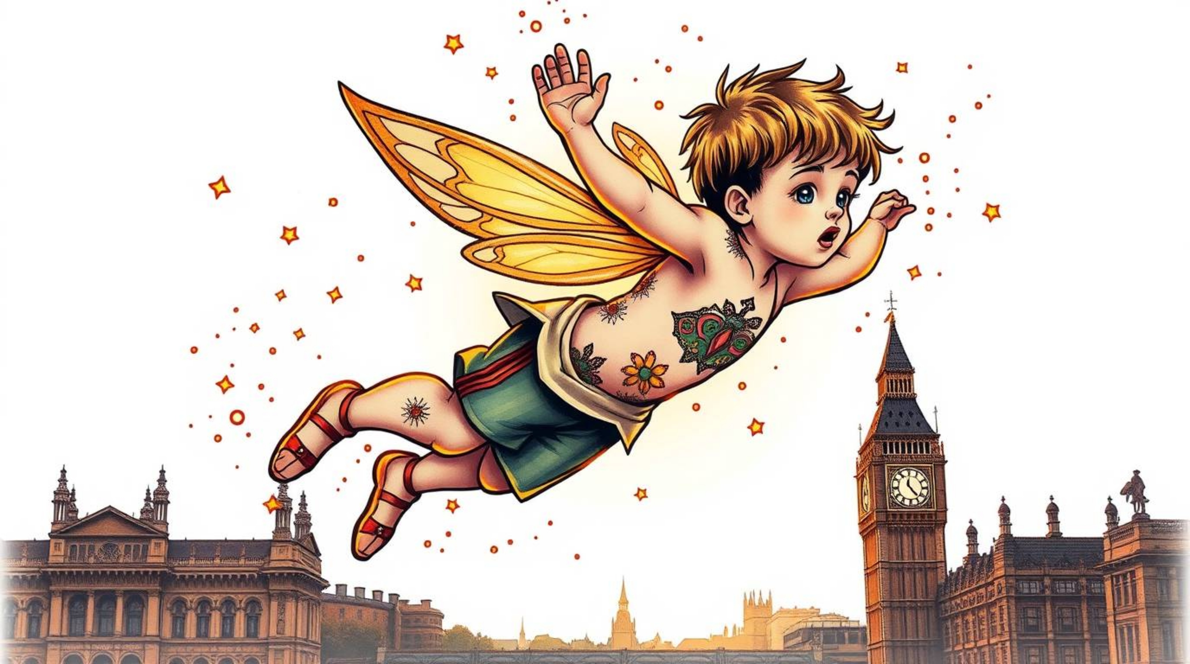 This artwork features a warm golden glow highlighting a young boy soaring above London with the aid of pixie dust.  It blends
