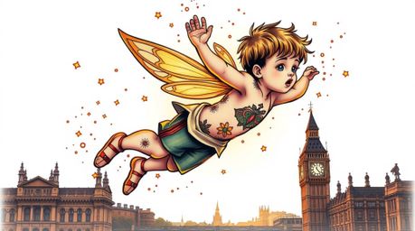 This artwork features a warm golden glow highlighting a young boy soaring above London with the aid of pixie dust.  It blends