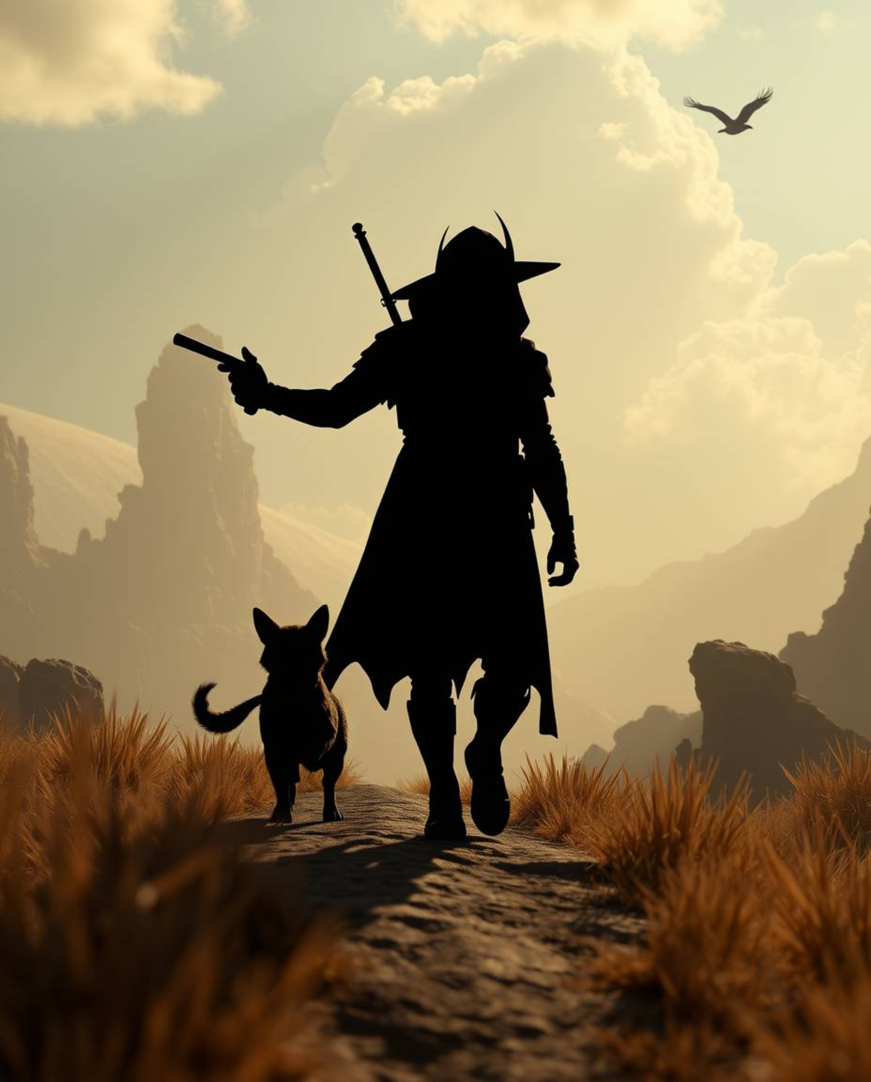 Embark on a dreamlike adventure with a silhouetted hero and their talking animal sidekick as they traverse a fantastical land