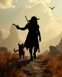 Embark on a dreamlike adventure with a silhouetted hero and their talking animal sidekick as they traverse a fantastical land