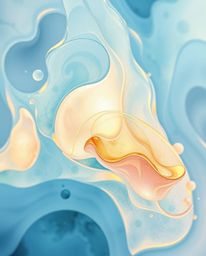 A delicate watercolor painting showcases surreal 3D fluid shapes reminiscent of melted glass, rendered in glowing bioluminesc
