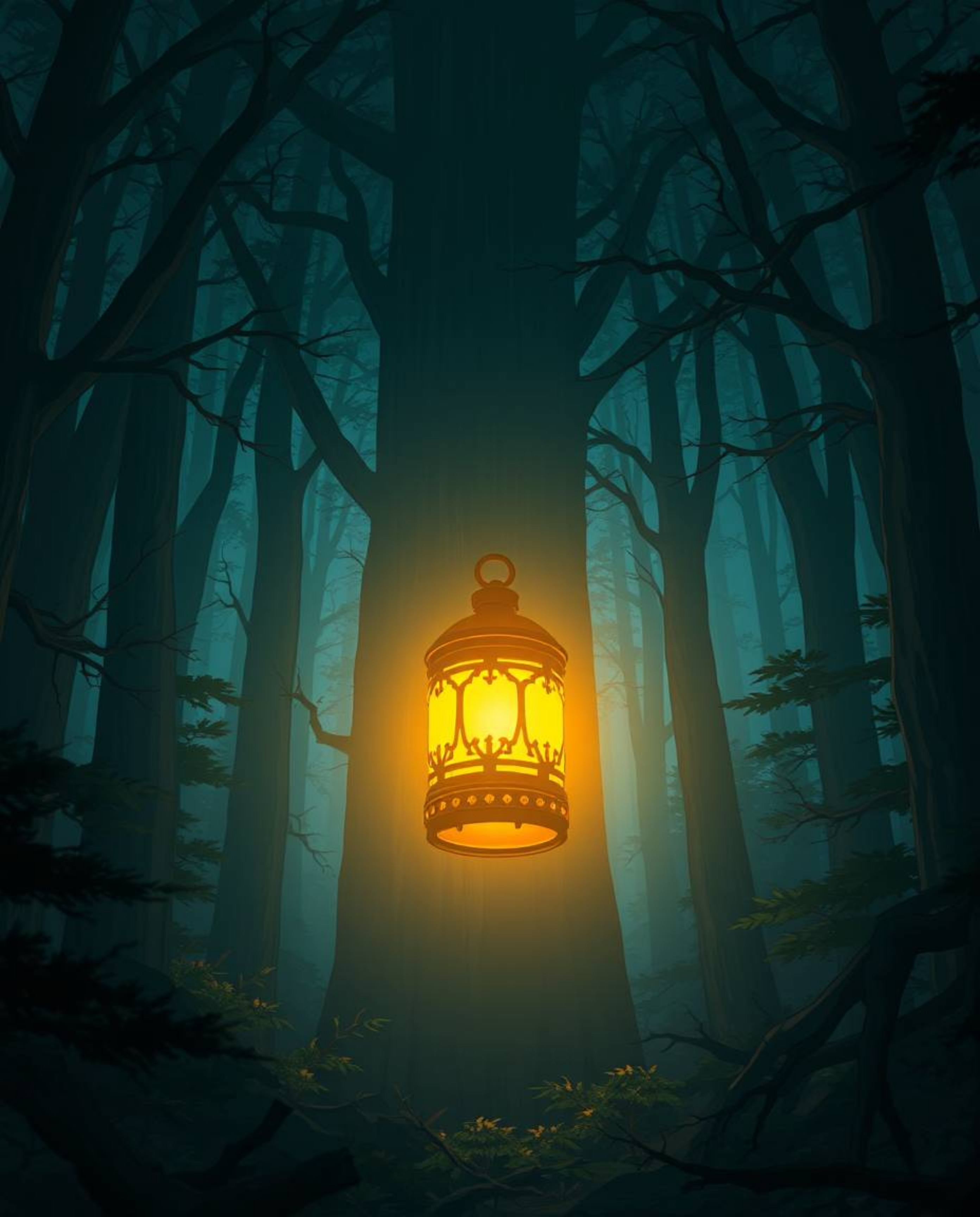 An Isekai anime-style illustration features a glowing lantern in a vast, shadowy forest.  Epic lens flares illuminate the sce