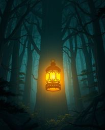 An Isekai anime-style illustration features a glowing lantern in a vast, shadowy forest.  Epic lens flares illuminate the sce