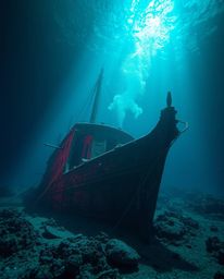 Discover a haunting underwater shipwreck, eerily illuminated in vibrant yet unsettling colors. This captivating image balance