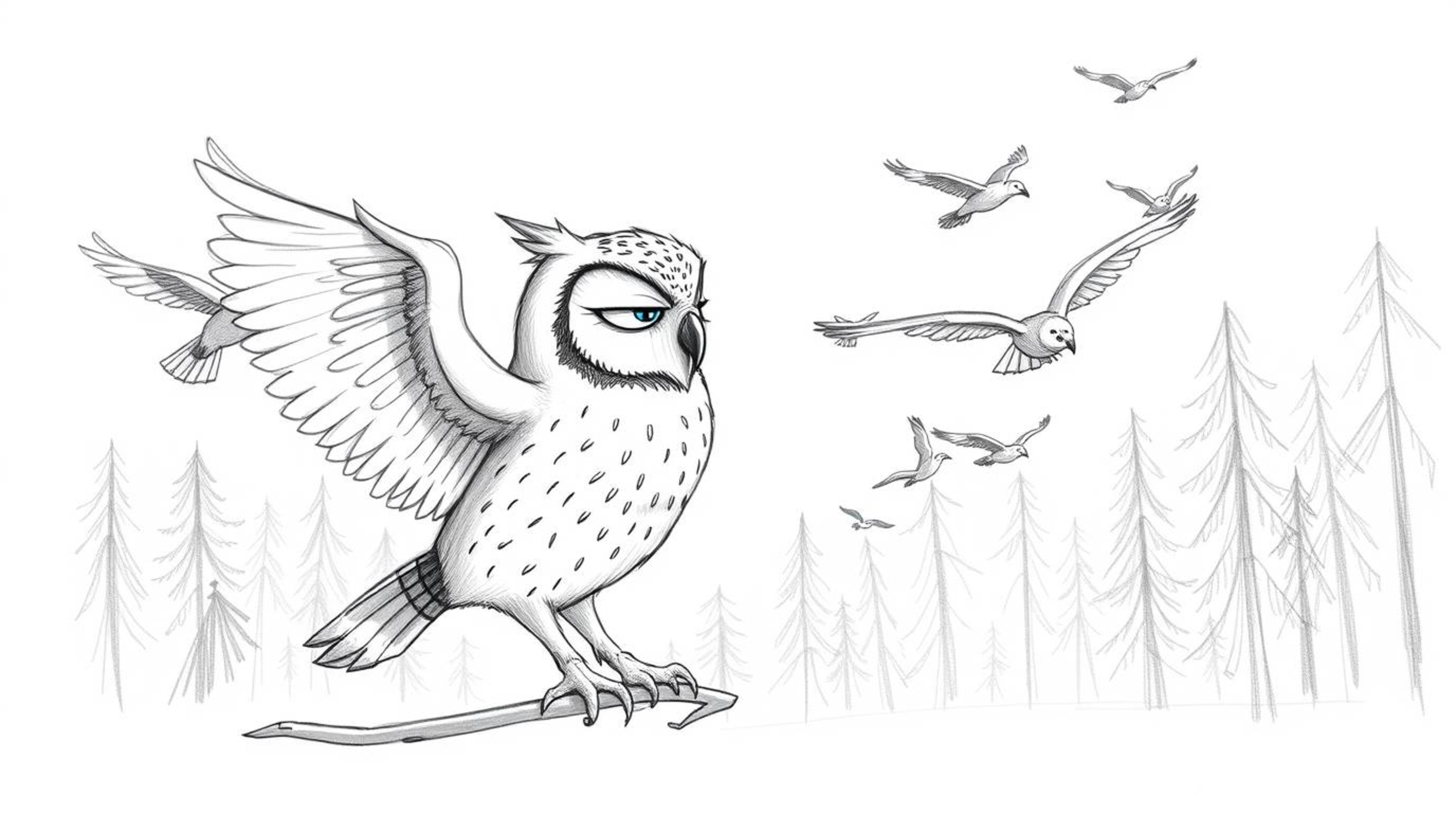 A charming hand-drawn sketch in the style of Pixar depicts a blind owl gently training a variety of birds in impressive aeria