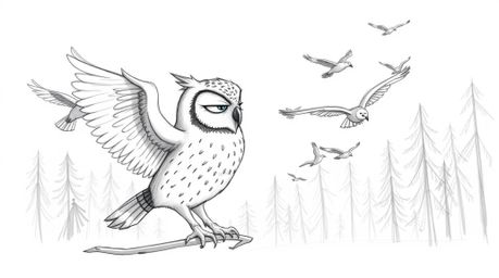 A charming hand-drawn sketch in the style of Pixar depicts a blind owl gently training a variety of birds in impressive aeria