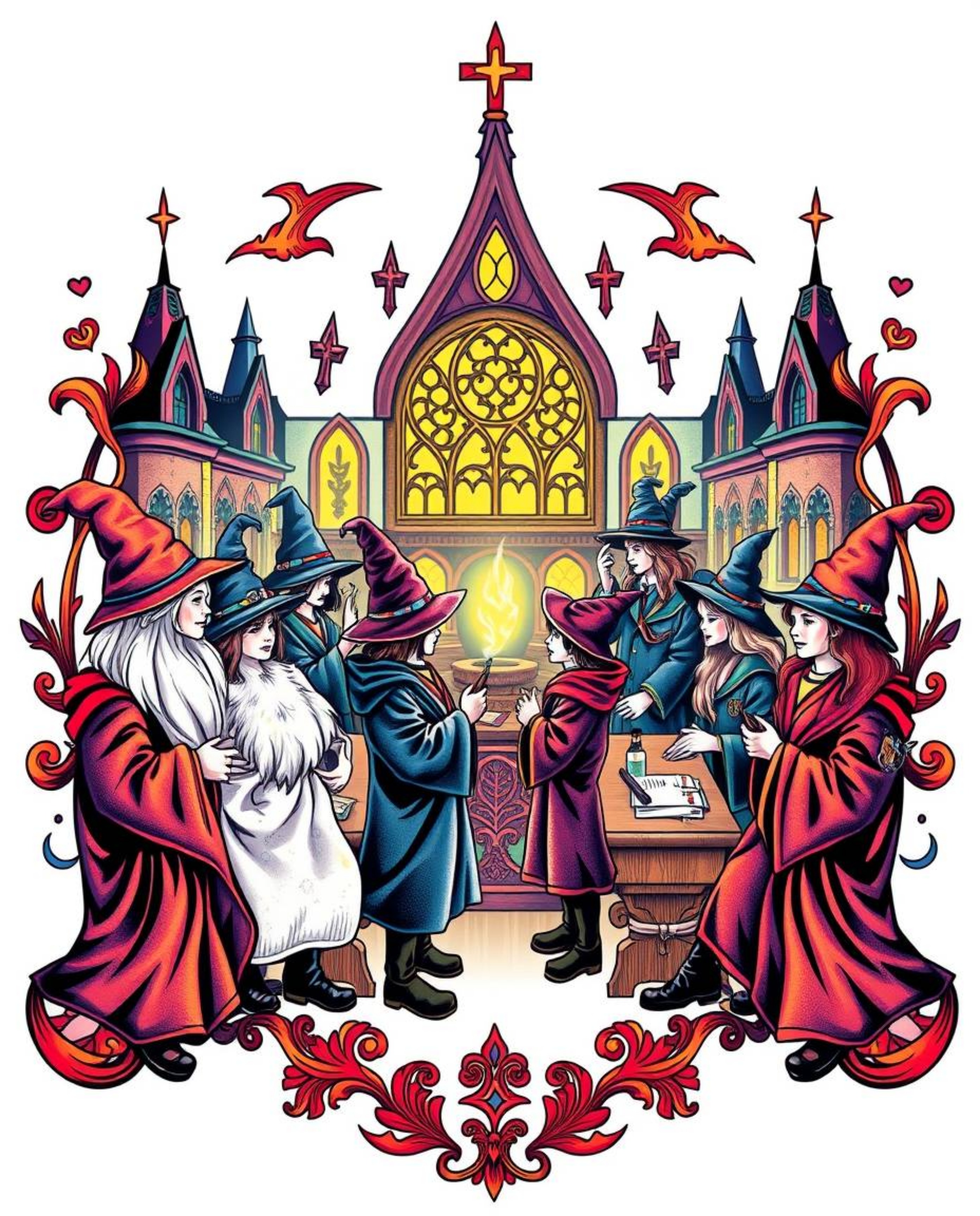 This striking art print depicts a magical school teeming with young wizards, rendered in a symbolic traditional tattoo style.