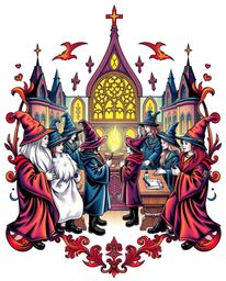 This striking art print depicts a magical school teeming with young wizards, rendered in a symbolic traditional tattoo style.