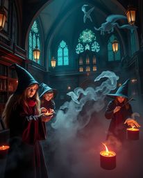 Discover a rich, deep teal magical school brimming with young wizards.  Experience a luxurious and vibrant atmosphere, perfec