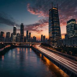 Capture the beauty of a modern metropolis at dusk. This scene features illuminated skyscrapers piercing the twilight sky, a g