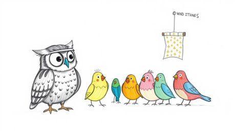 A heartwarming hand-drawn sketch inspired by Pixar, portrays a wise blind owl with large, expressive eyes patiently instructi