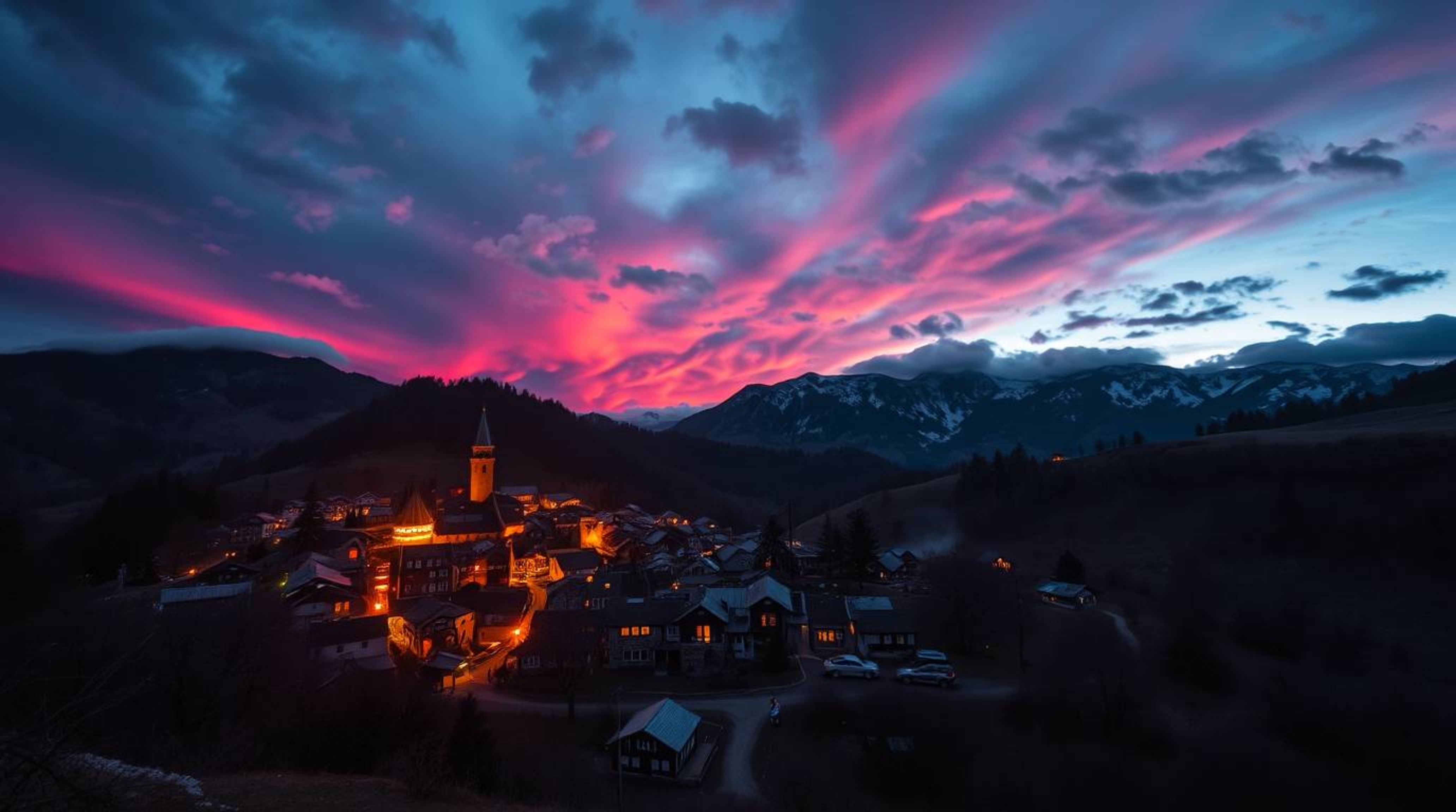 A captivating image of a cozy village nestled in a valley, bathed in the vibrant hues of a colorful sky.  High contrast and l