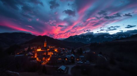 A captivating image of a cozy village nestled in a valley, bathed in the vibrant hues of a colorful sky.  High contrast and l