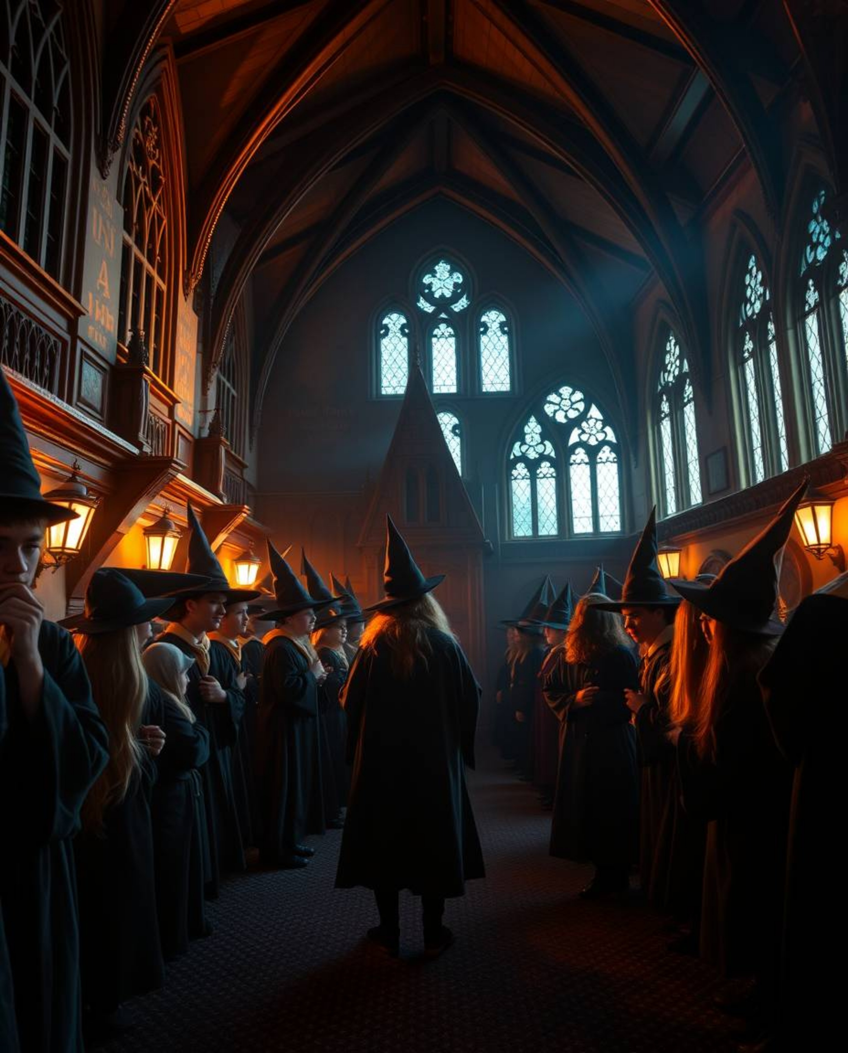 Immerse yourself in a breathtaking scene of a magical school teeming with young wizards, illuminated by the enchanting golden