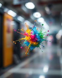 A captivating high-speed photograph showcases a vibrant paint splash suspended in mid-air, creating a surreal and futuristic 