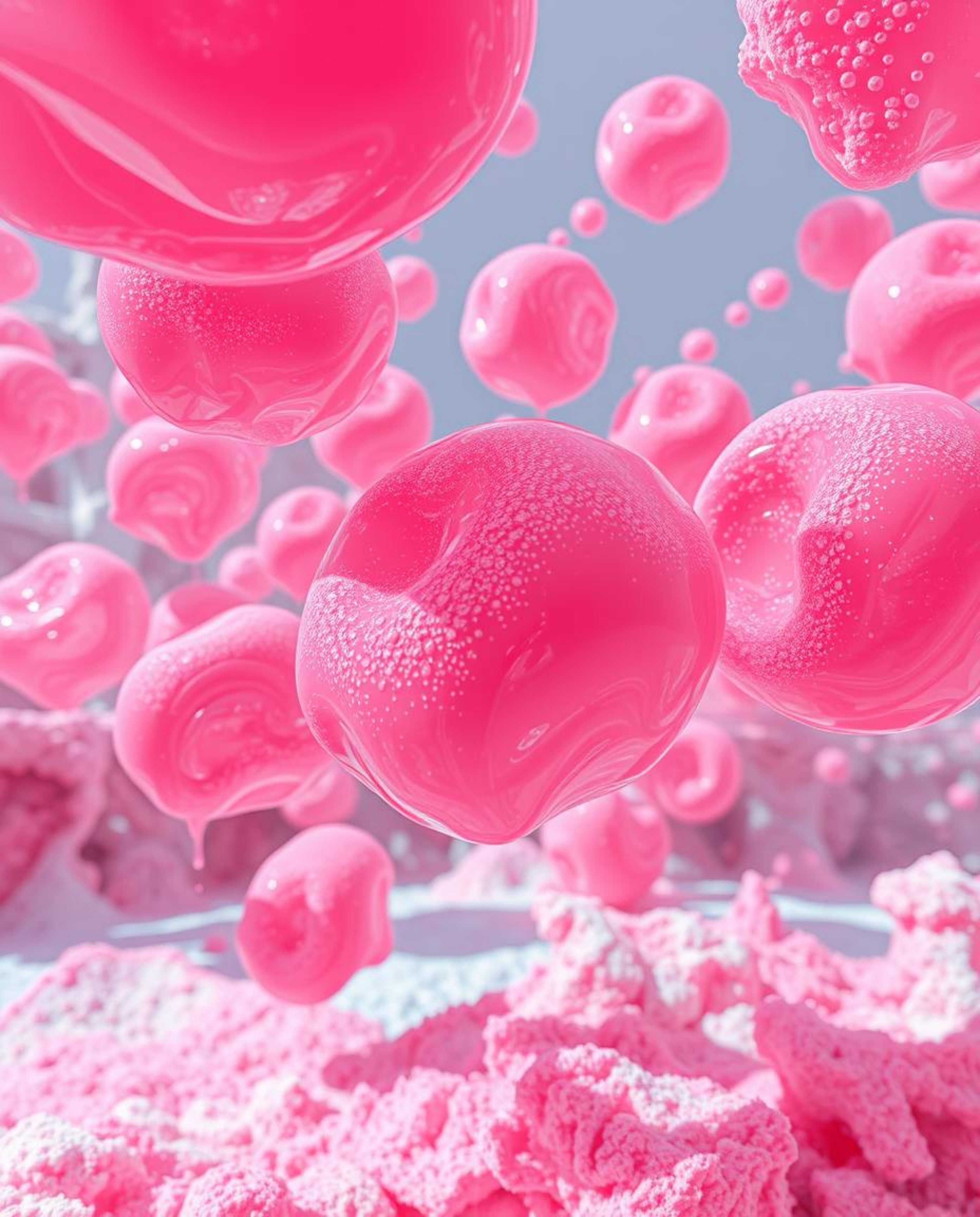 Explore a surreal realm where infrared tones reveal vibrant, floating 3D blobs of fluid jelly. Synthetic textures and hard li