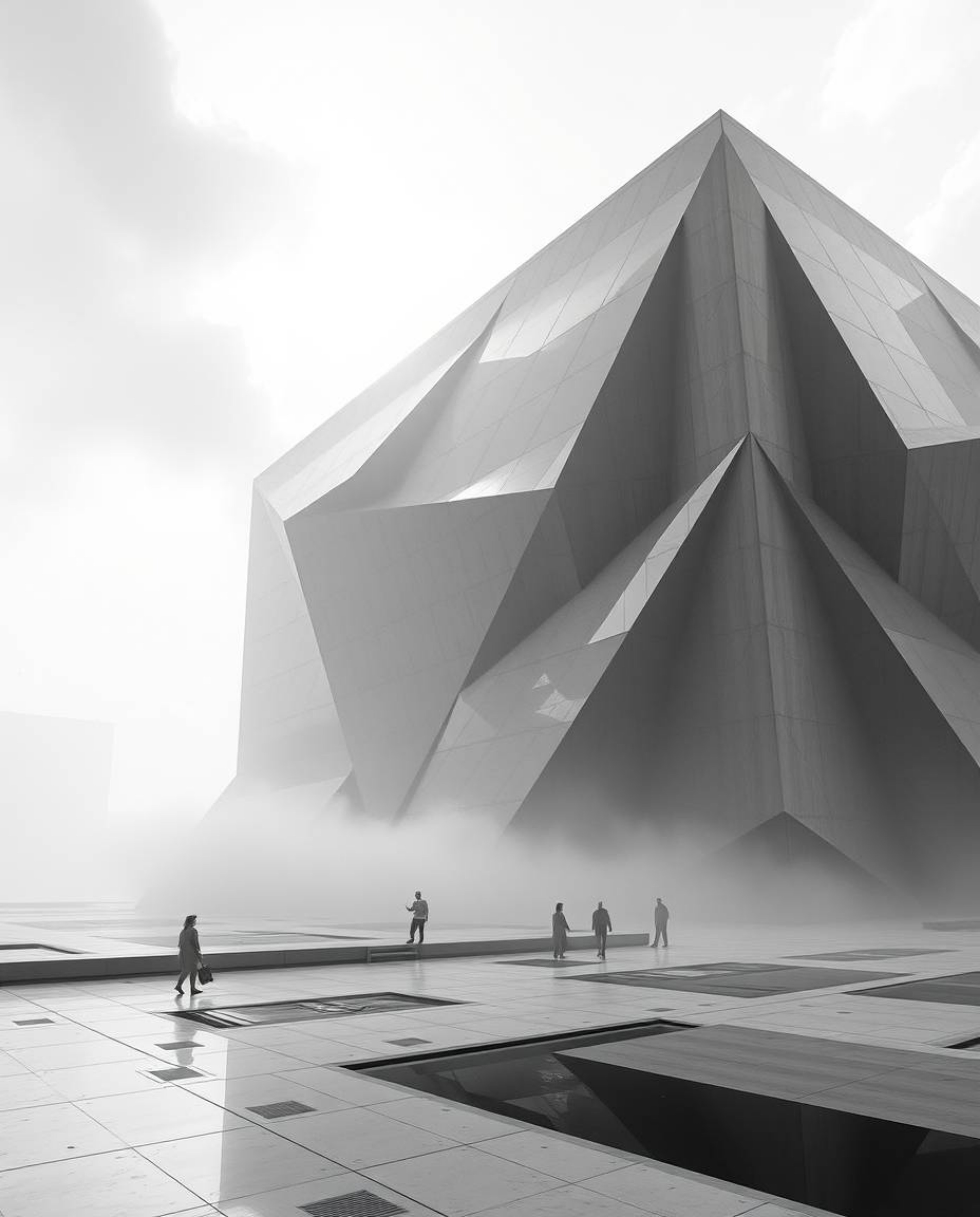 Explore a captivating blend of retro and futuristic elements in this stunning black and white image. Featuring a geometric pa