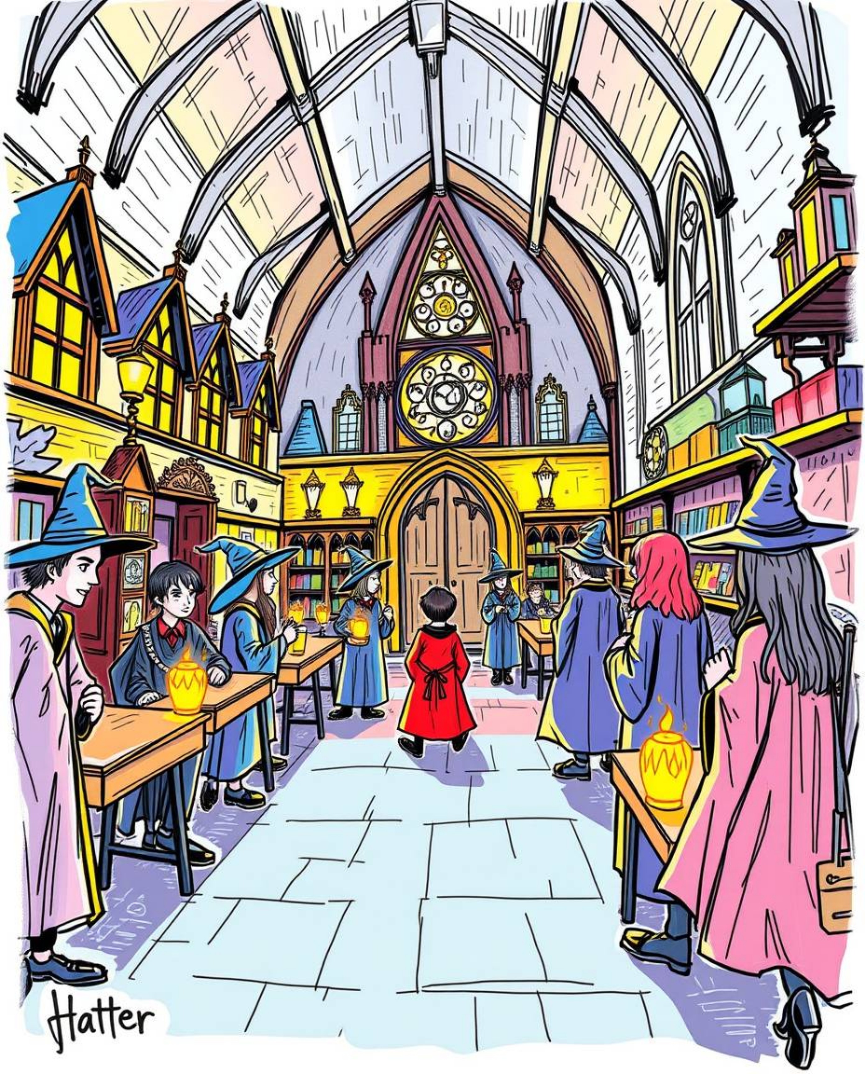 Explore a hand-drawn sketch of a magical school teeming with young wizards, rendered in a vibrant sketchnote style. This artw