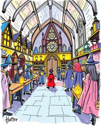 Explore a hand-drawn sketch of a magical school teeming with young wizards, rendered in a vibrant sketchnote style. This artw