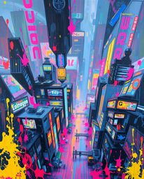 A captivating classic oil painting depicts a futuristic cyberpunk cityscape from a bird's-eye perspective.  Vibrant neon spla