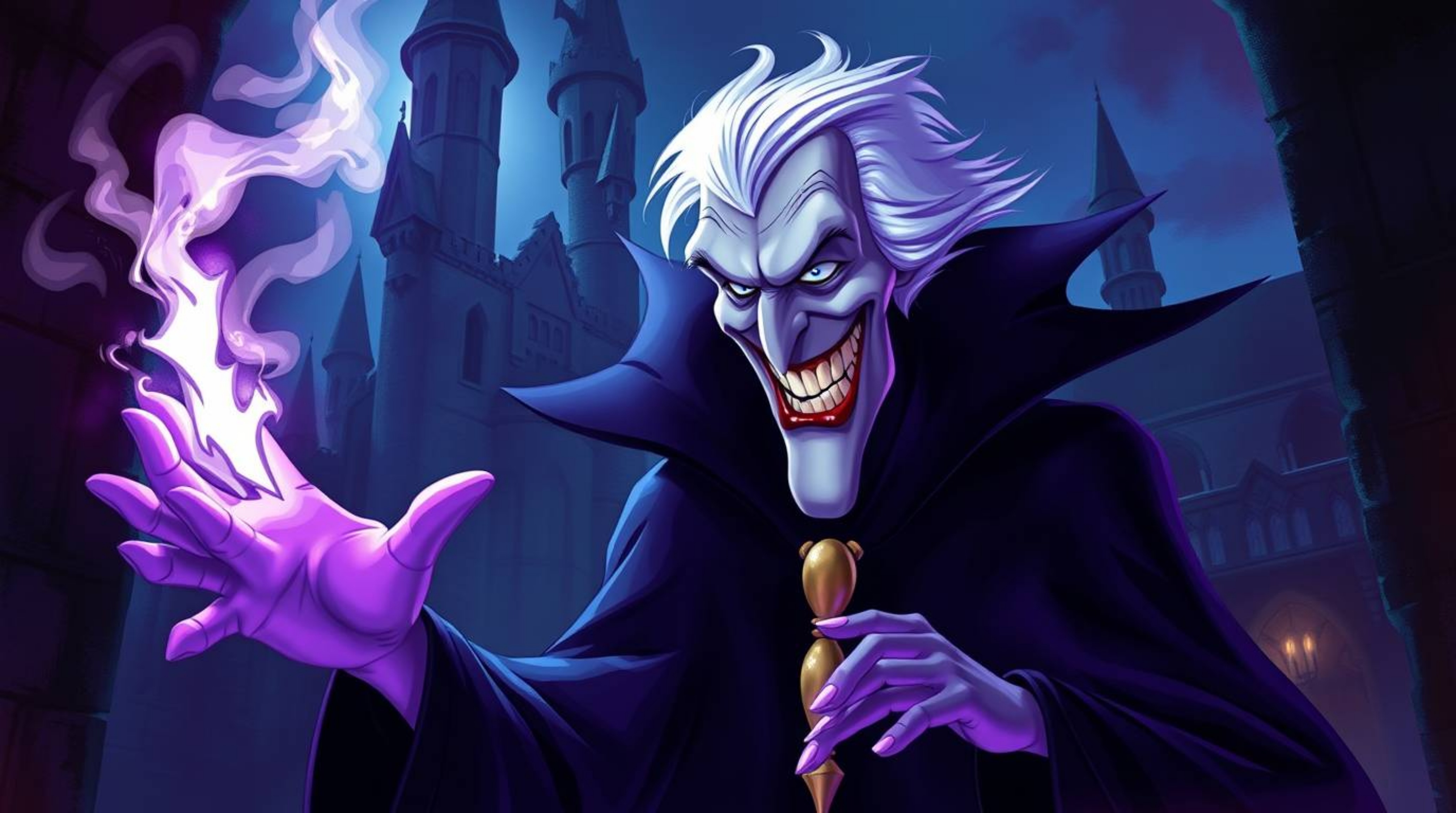 A captivating digital painting depicts a classic Disney villain with a cruel smile, pale skin, and casting a spell within an 