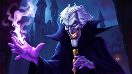 A captivating digital painting depicts a classic Disney villain with a cruel smile, pale skin, and casting a spell within an 