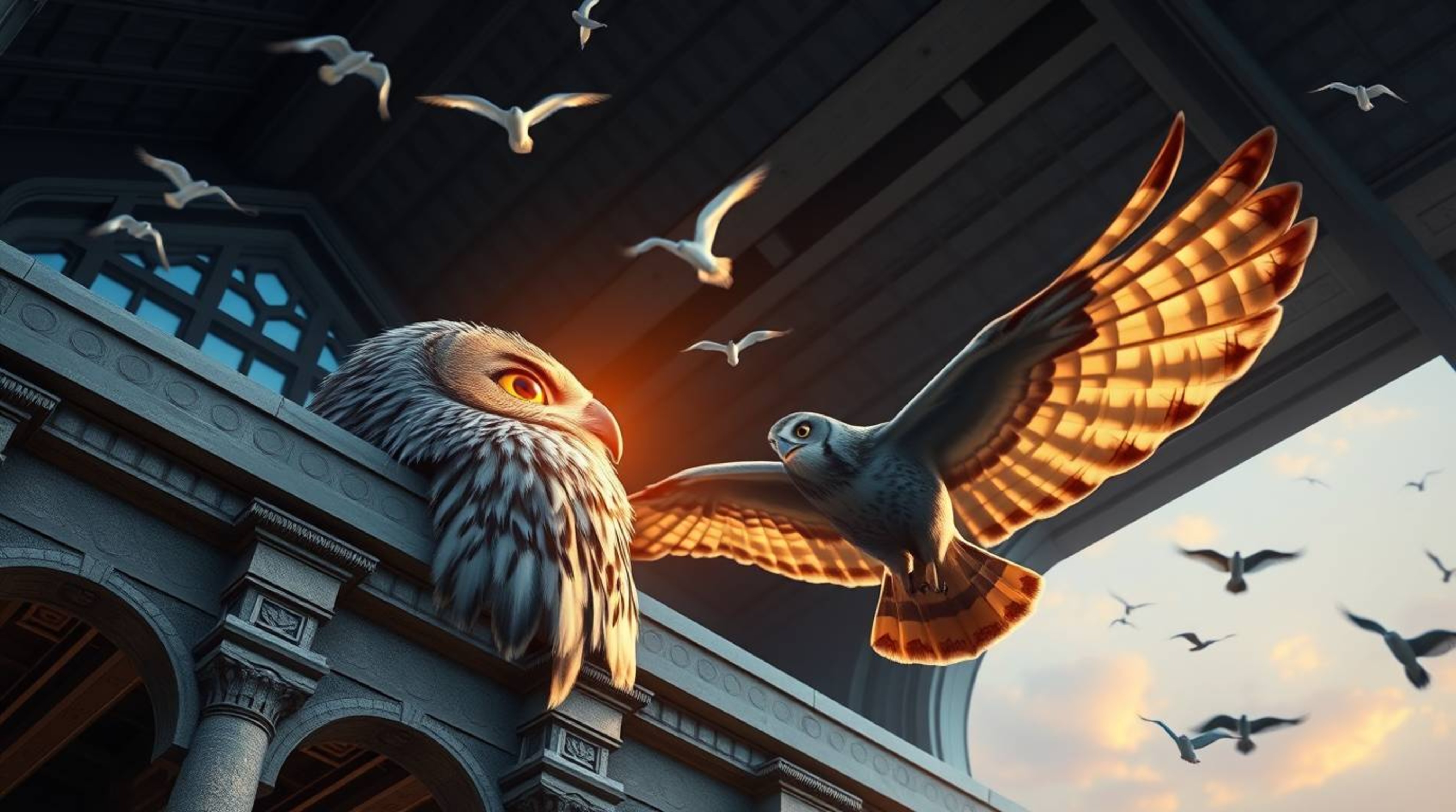 A stunning architectural color photograph captures a Pixar-esque blind owl imparting the skill of flight to birds. The owl, t