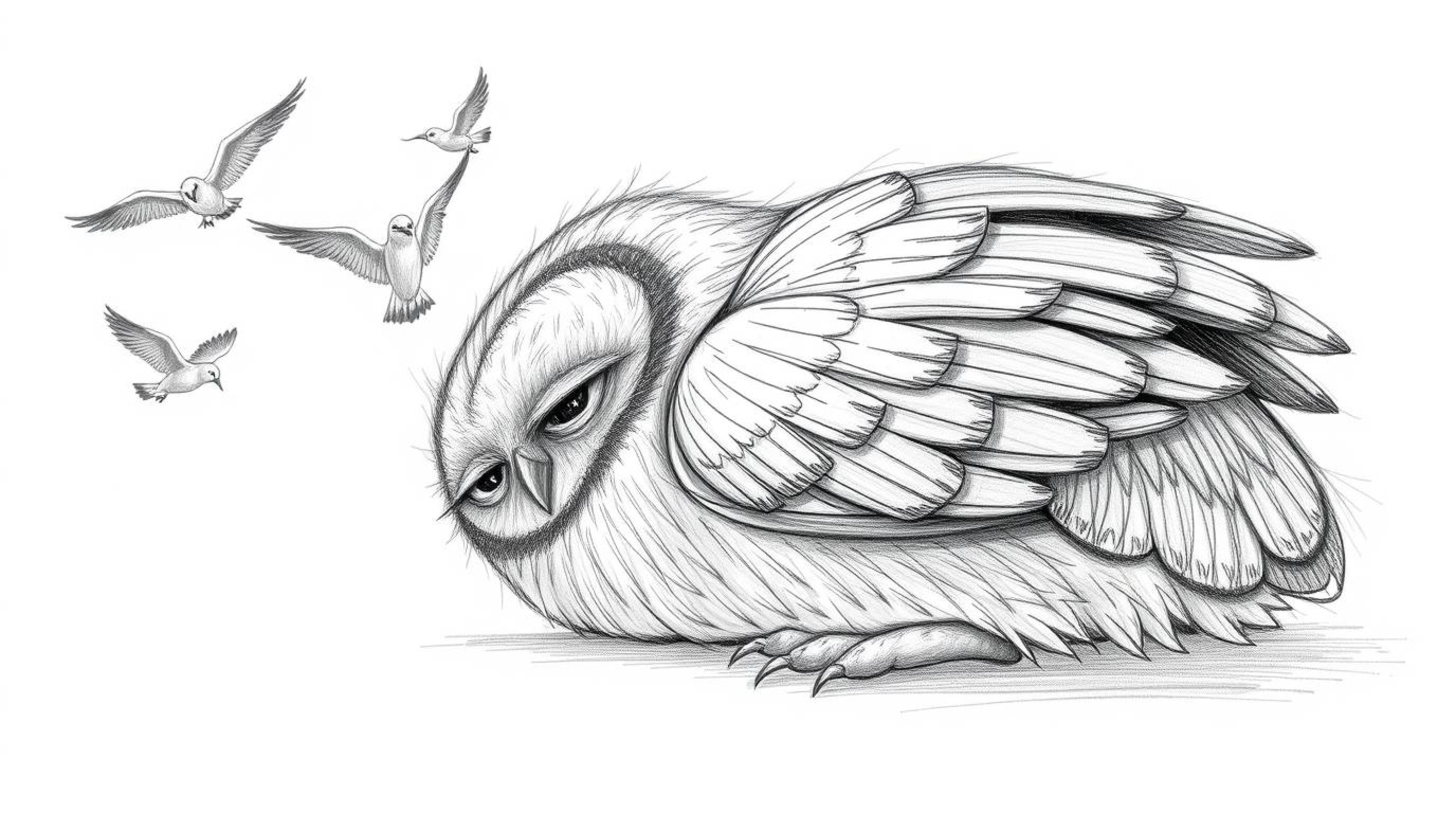 A heartwarming textured pencil sketch depicting a large, detailed, and blind owl resting peacefully while cheerful birds circ