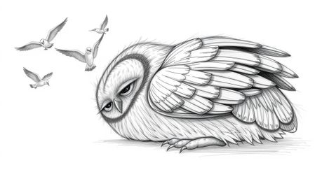 A heartwarming textured pencil sketch depicting a large, detailed, and blind owl resting peacefully while cheerful birds circ