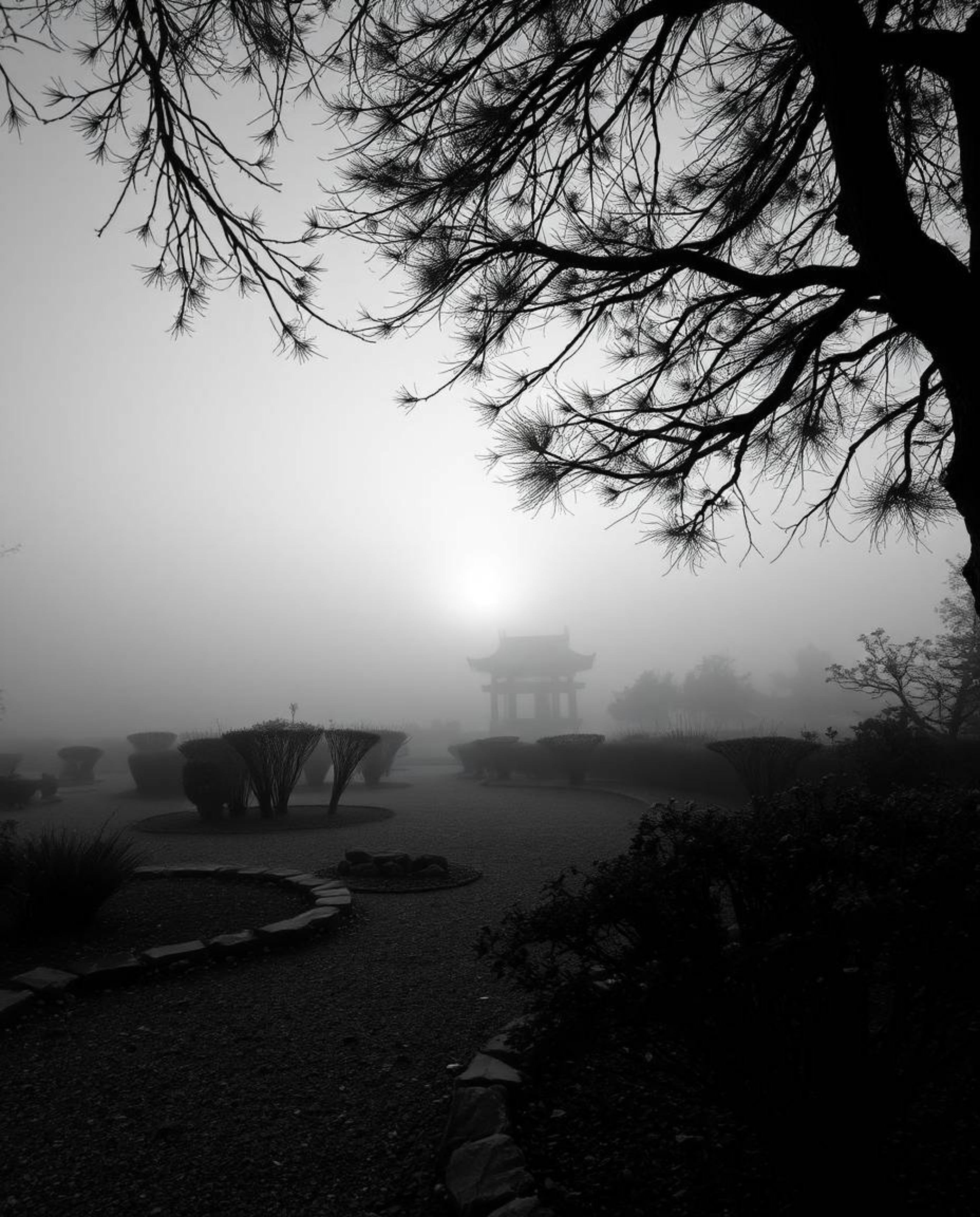 Close-up shot of a serene Zen garden at sunset, thick fog obscuring distant elements, emphasizing detailed textures in monoch