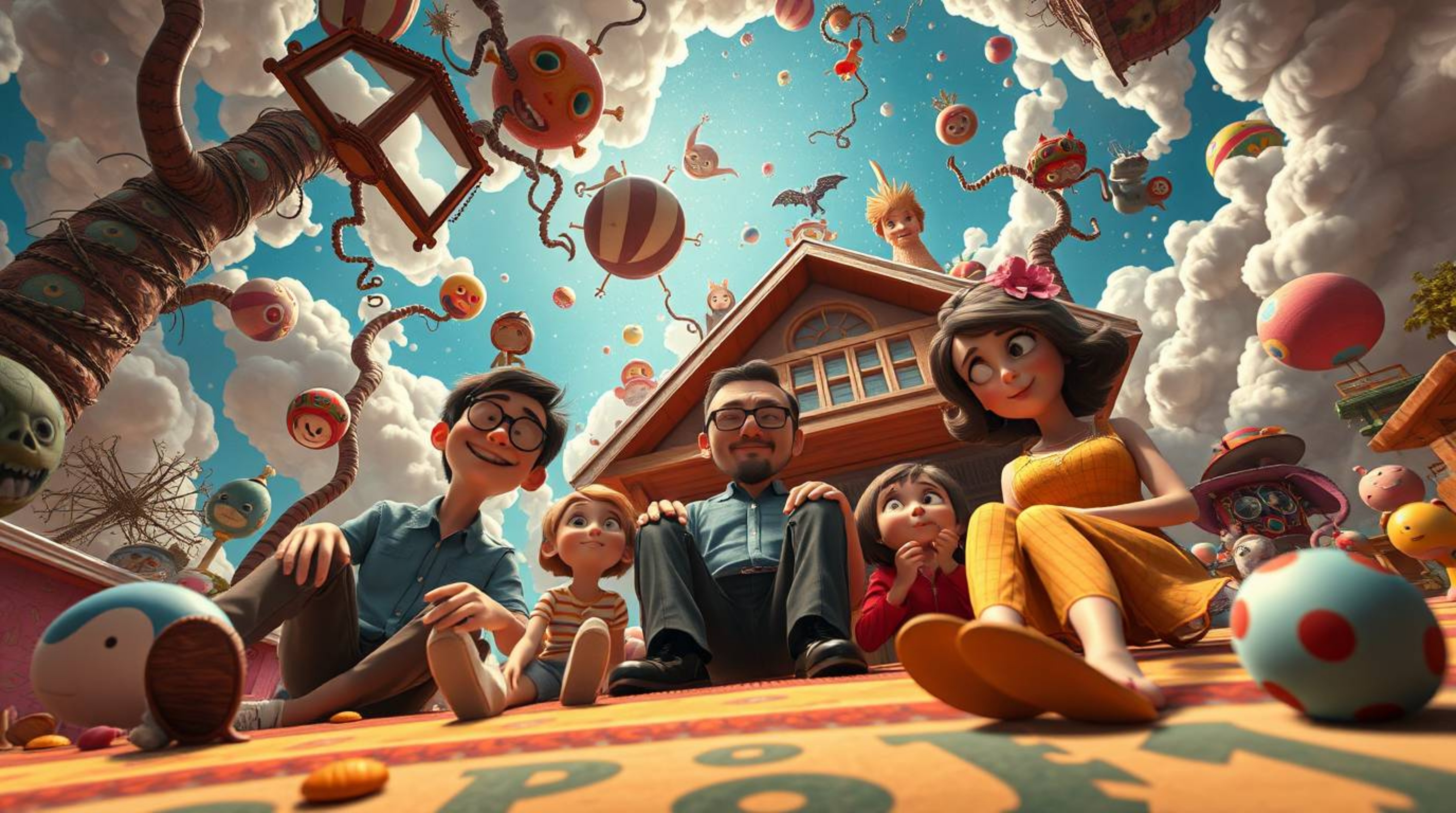 Experience a heartfelt and surreal Pixar-style family reunion depicted from a dramatic, low-angle perspective. This bizarre s