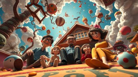 Experience a heartfelt and surreal Pixar-style family reunion depicted from a dramatic, low-angle perspective. This bizarre s