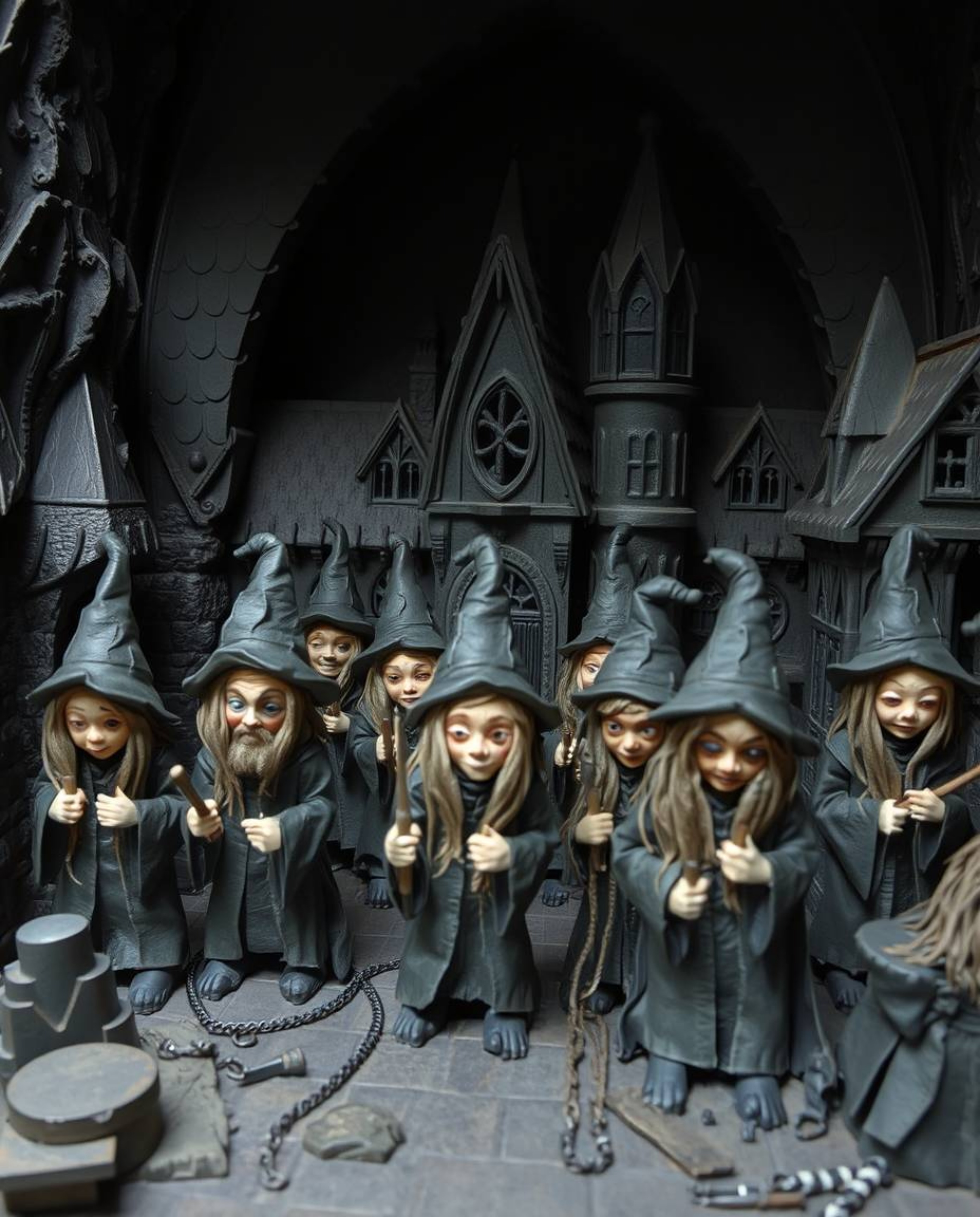 A creepy and eerie magical school brimming with young wizards, meticulously crafted from layered papier-mâché. The artwork em