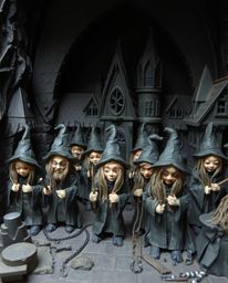 A creepy and eerie magical school brimming with young wizards, meticulously crafted from layered papier-mâché. The artwork em