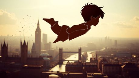 A captivating digital artwork depicting a young boy with dark hair in an intricate origami-style silhouette, soaring above th