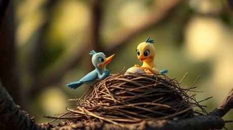 A professional fine art photograph showcases two cartoon birds diligently constructing a nest. Rendered in a classic animati