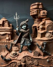 A brave hero embarks on a Disney-esque desert adventure, brought to life through intricate layered papier-mâché.  The artwork